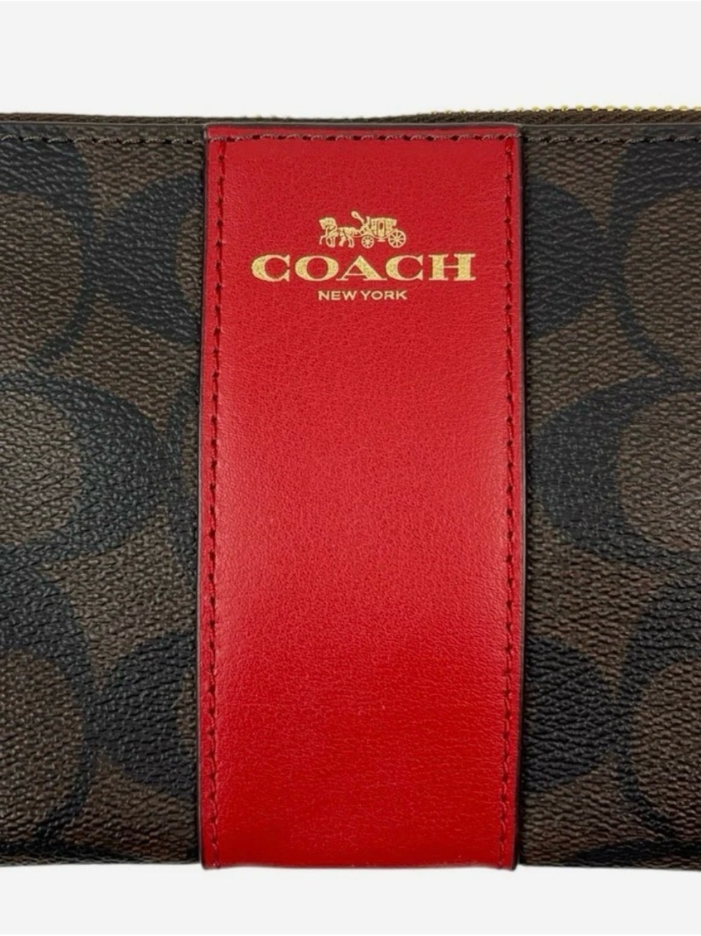 Coach Brown Monogram Wallet with Red Leather Panel and Gold Logo